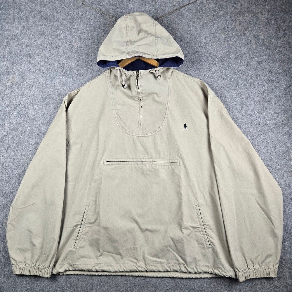 Vintage Polo Ralph Lauren Anorak Jacket Mens Large Beige Quarter Zip Hooded
